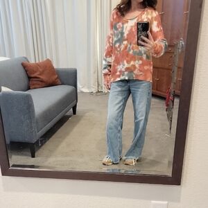 Lou & Grey Tie-Dye V-Neck Sweater - Orange and Gray